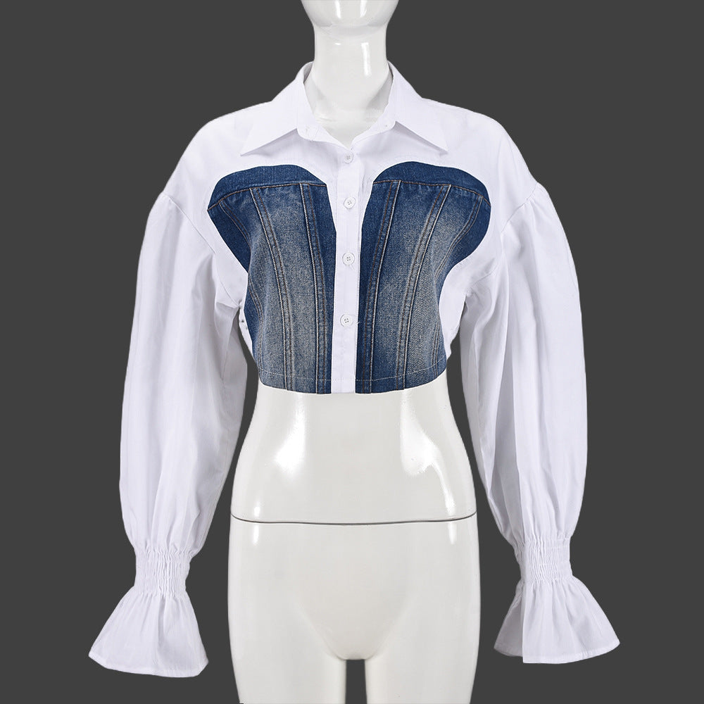 Denim Stitching Navel Flared Sleeves Personality Shirt