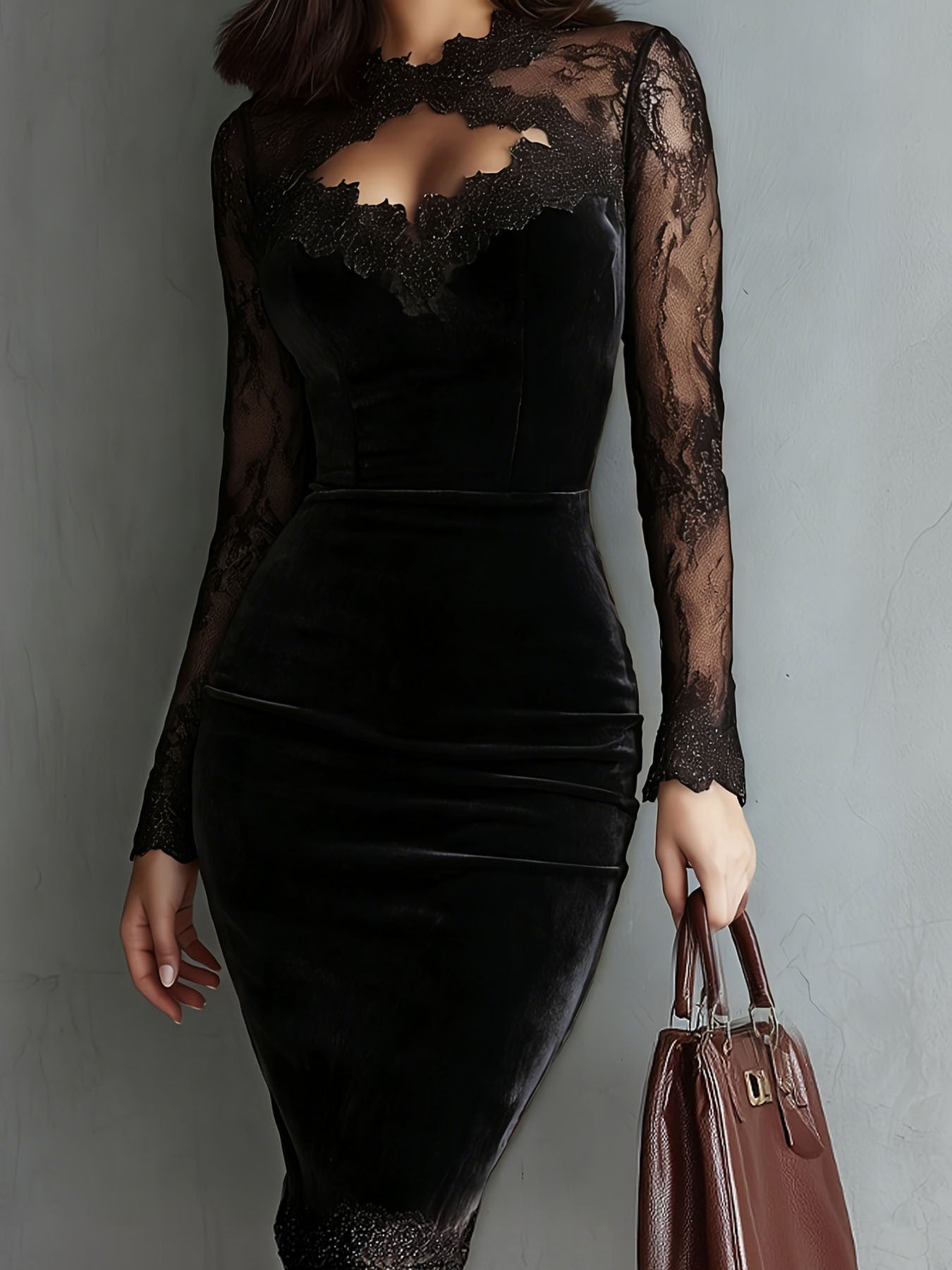 Elegant V-neck Lace-panelled Waist-cinching Hip-hugging Dress