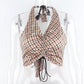 Plaid Backless Lace-Up Slim Halter Tank Top