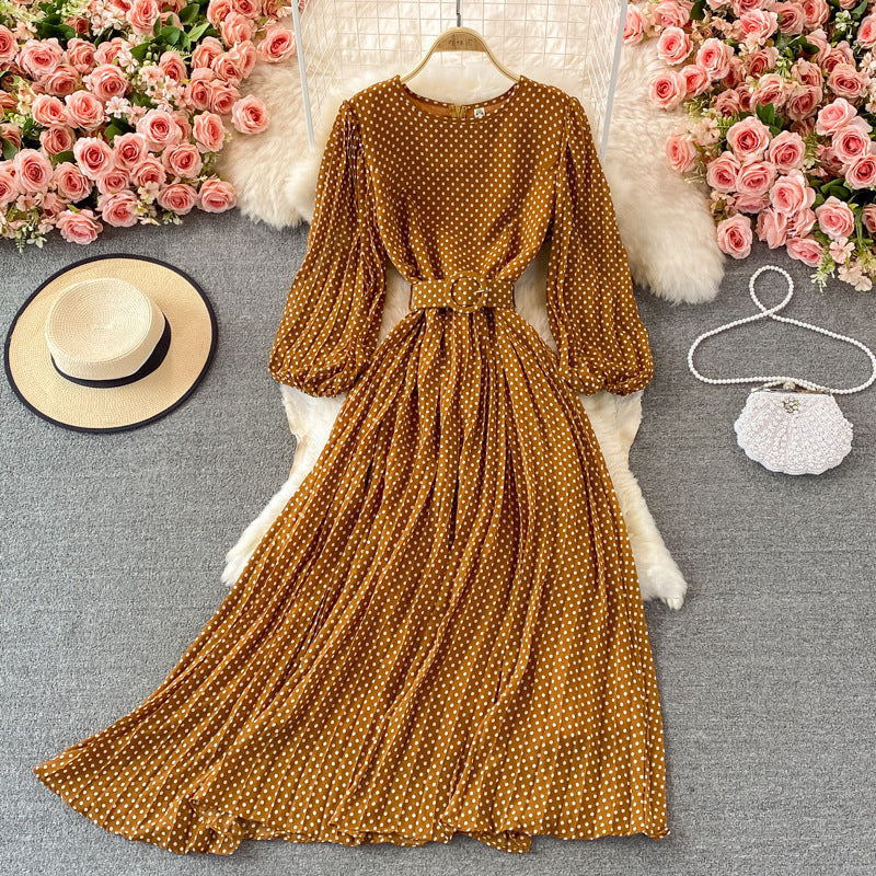 Round Neck Pleated Polka Dot Chiffon Dress