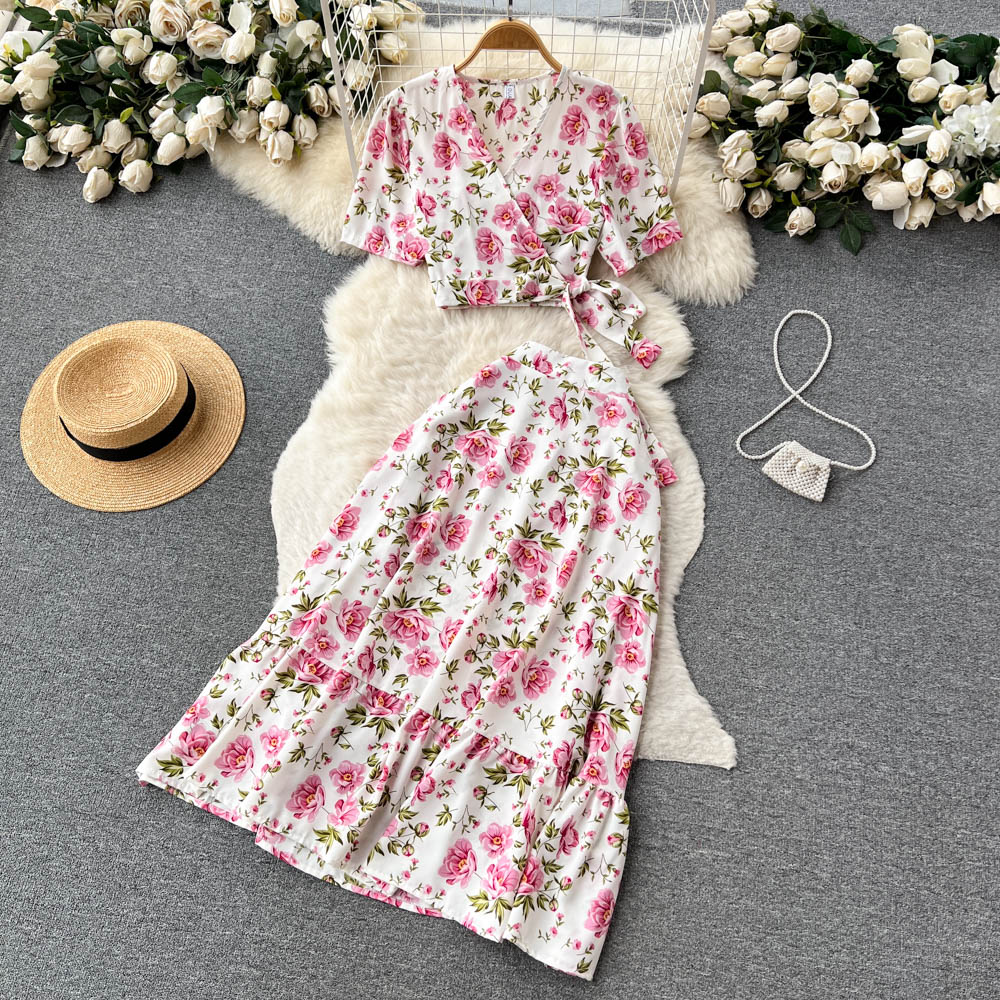 Floral Womens Cross V Neck Strap Crop Top And High Waisted Flared Skirt Two Piece Set