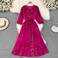 Vintage National Style Embroidery V-neck Lantern Long Sleeve Waist Closing A-line Dress