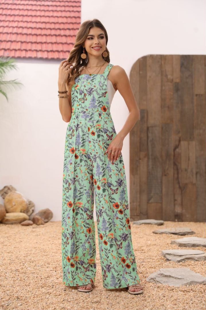 Cross-border Floral Print Button Wide Leg Jumpsuit Sale In Stock