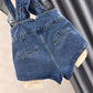 New Womens Blue Denim Suspender Shorts