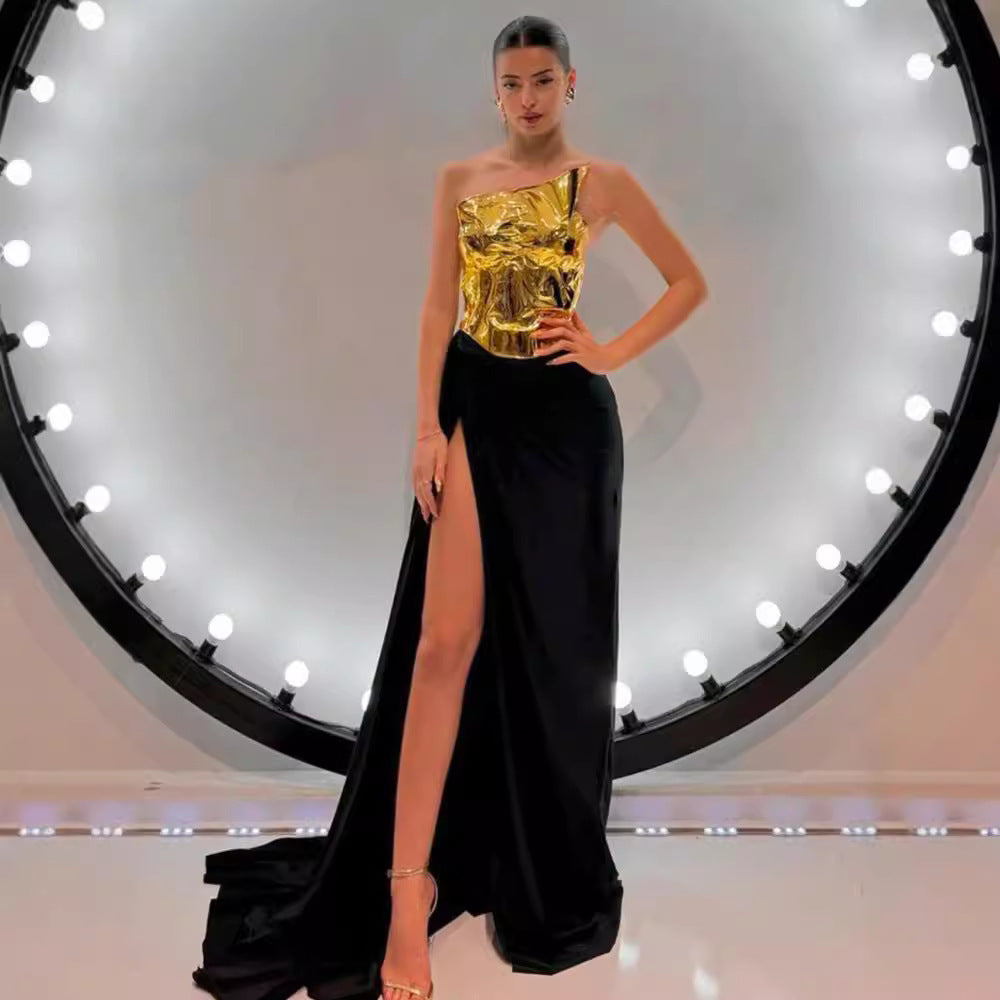 One-shoulder Leather Top Slit Mop Black Dress Two-piece Set Lacing Backless Light Dress