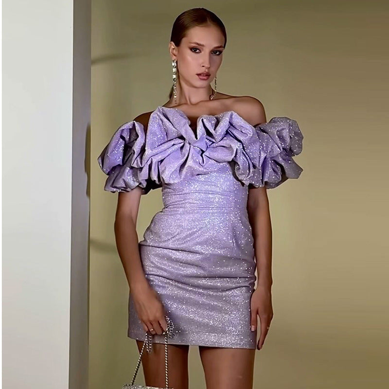 Robe tube moulante à épaules dénudées et brillante pour femme
