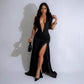 Robe élégante européenne et américaine à col en V et fente sexy, robe plissée dos nu