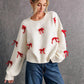 Red Bow Decoration Loose Crew Neck Pullover Sweater Women