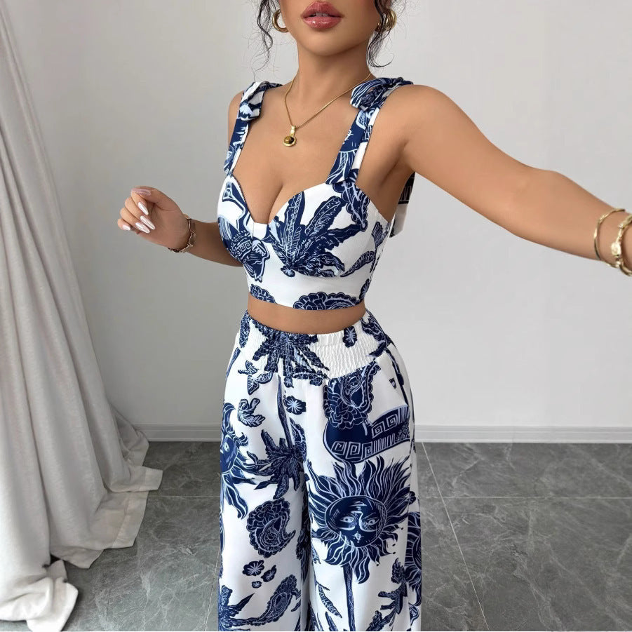 V-neck Strap Vest Loose Wide Leg Pants