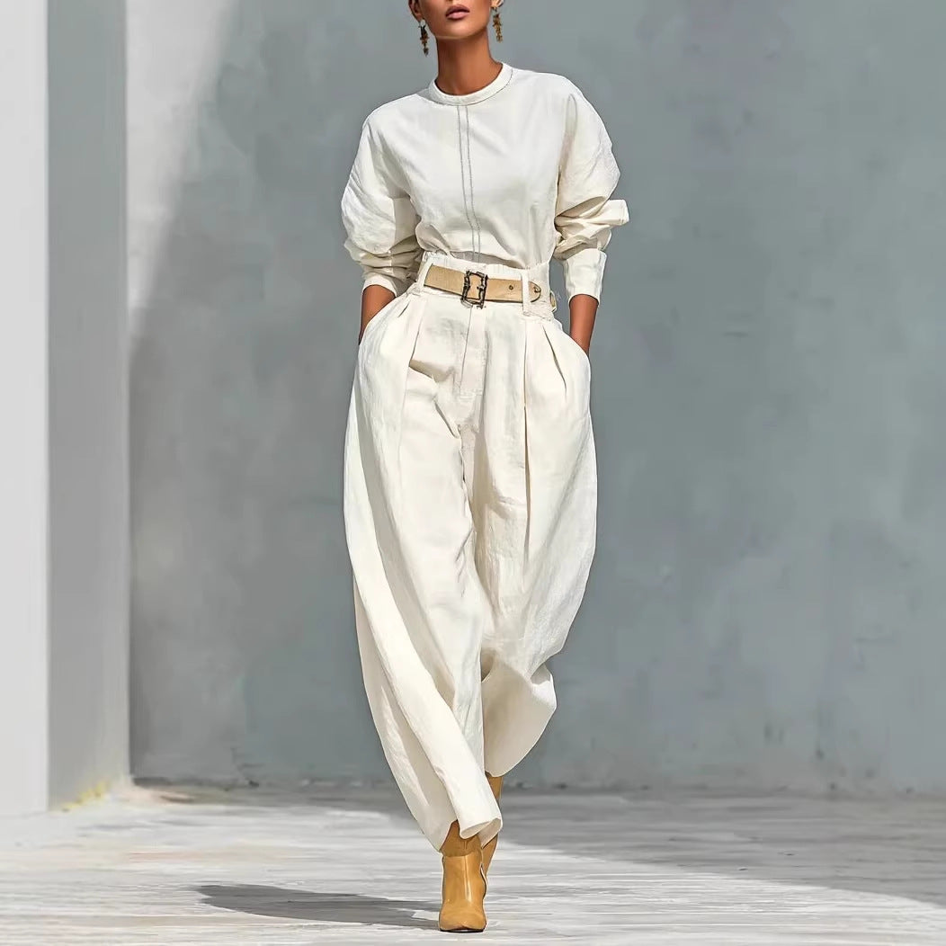 Womens Simple-style Loose Top And Harem Wide-leg Pants Two-piece Set With Belt
