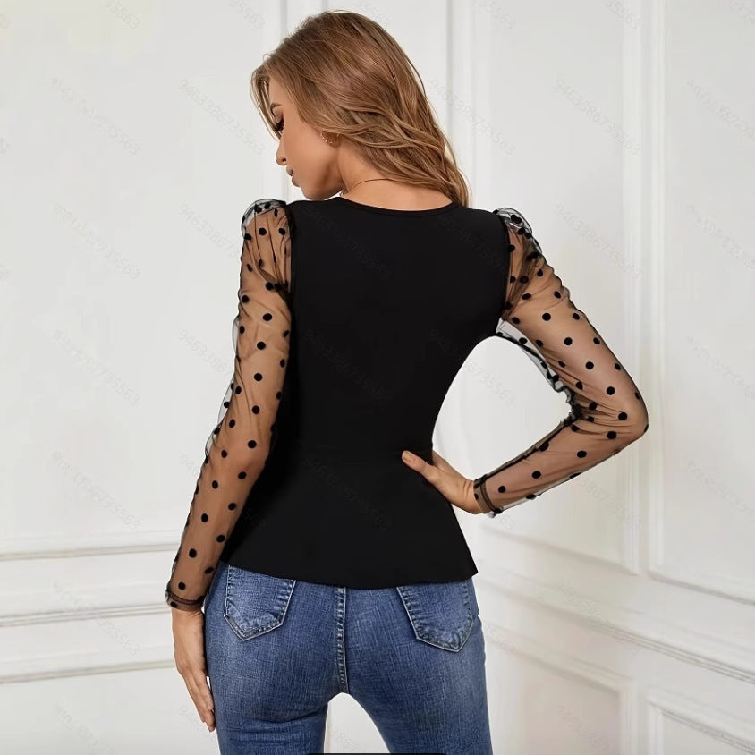 Mesh Sleeves Splicing Series Belt Long Sleeve Slim-fit Top