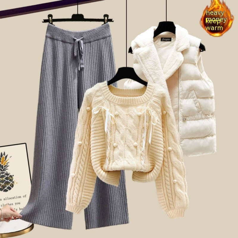 Ensemble trois pièces pour femme, gilet, pull épais, pantalon large