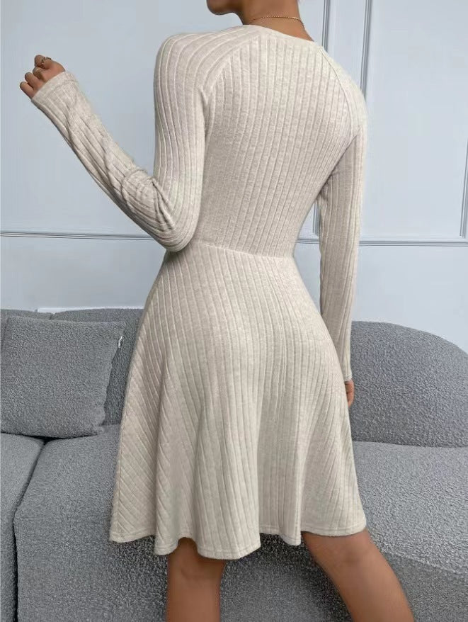 Robe polaire à manches longues et rayures profondes pour femme, coupe ajustée, nouvelle collection automne