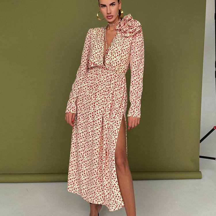 Deep V-neck Lace-up Waist Side Slit Floral Dress