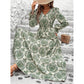 Fall Women's Clothing Printed V-neck Long Sleeve Big Hem Fashion All-matching Dress