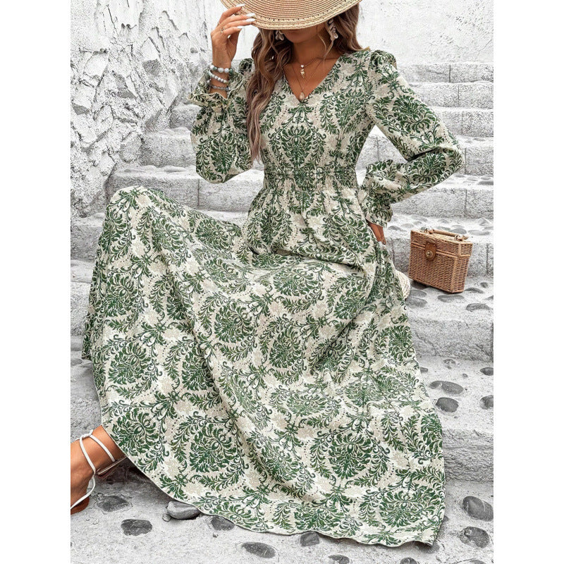 Fall Women's Clothing Printed V-neck Long Sleeve Big Hem Fashion All-matching Dress