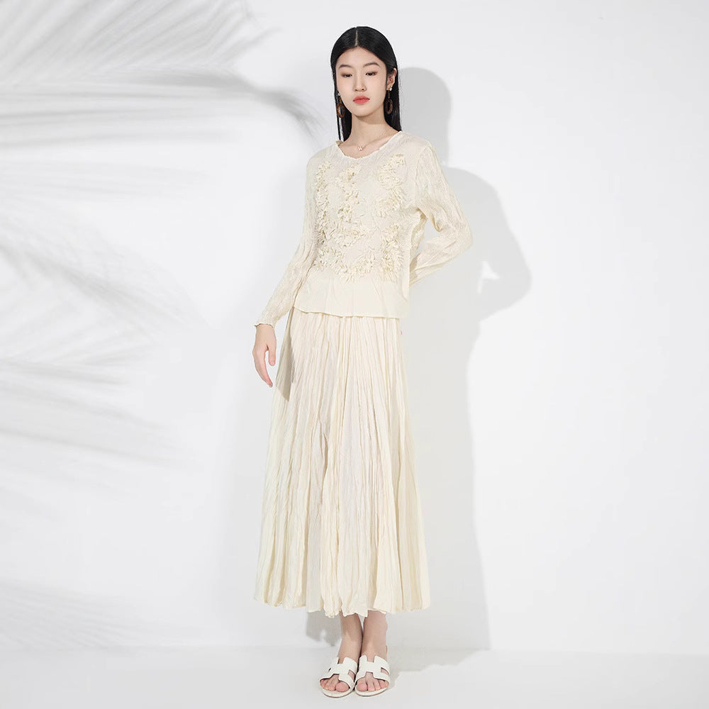 Solid Color Embroidered Long-sleeved Top Handmade Pleated Two-piece Overskirt Suit