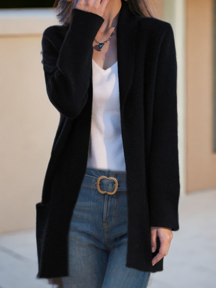 Nouveau cardigan tricoté à manches longues et col polo, couleur unie, avec poches amples, pour femme