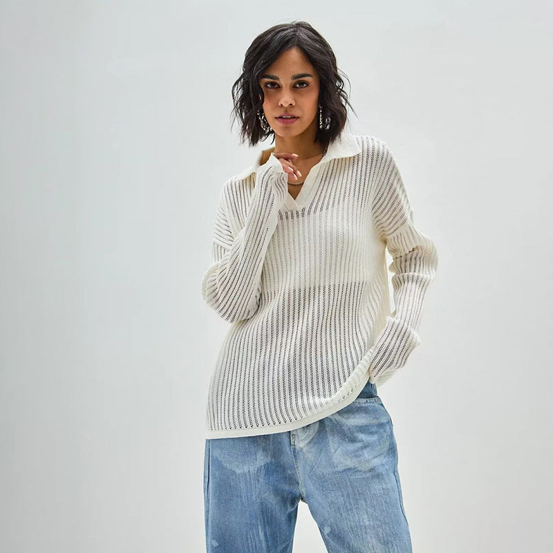 Women's POLO Loose Knit Openwork Knitted Top
