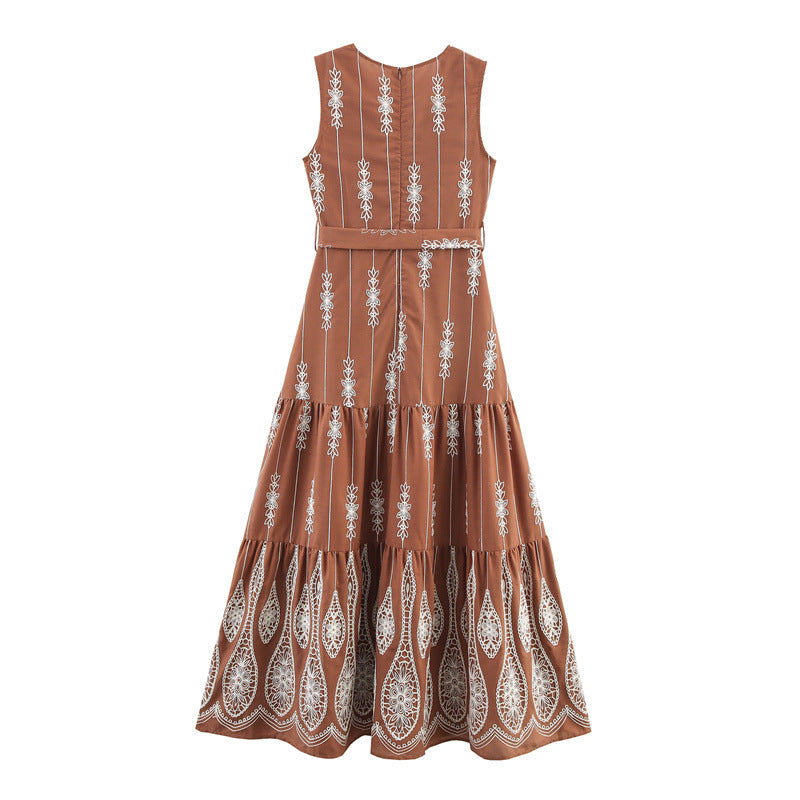Ethnic Style Floral Print Design Sense Embroidered V-neck Sleeveless Dress