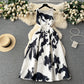 French Retro Crew Neck Positioning Printing Dress