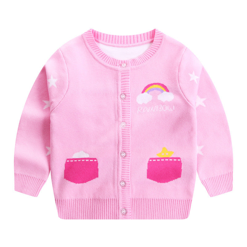 Autumn And Winter Girls Knitted Cardigan Pony Fake Pocket Cotton Double Layer Warm Sweater