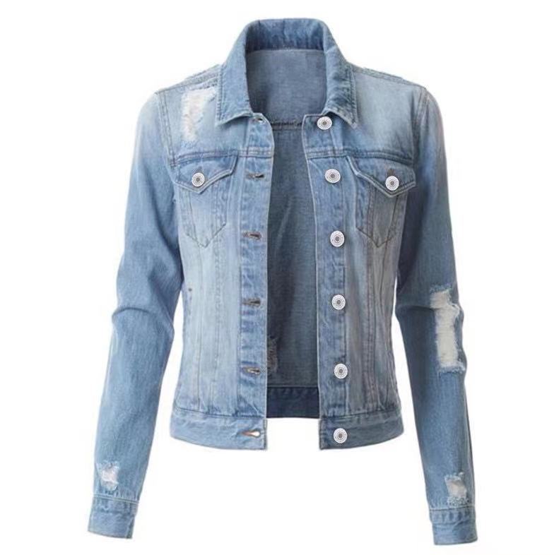 Women's Fashionable Temperament Slim-fit Buttoned Ripped Denim Jacket