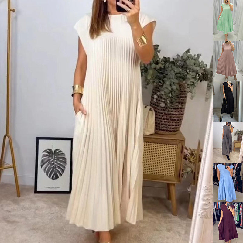 Robe longue plissée à manches courtes et col rond pour femme