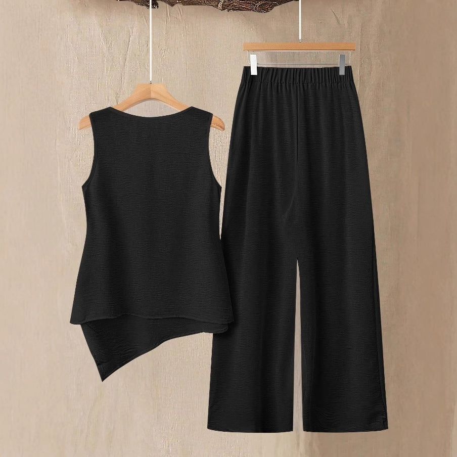 Simple Casual Daily Wear Sleeveless Top And Long Pants Set