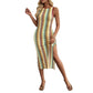 Color Striped Crocheted Round Neck Vest Sleeveless Dress
