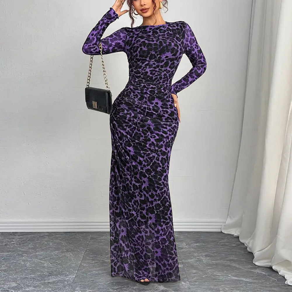 Elegant Womens Leopard-Print Sheer Long-Sleeve Bodycon Dress