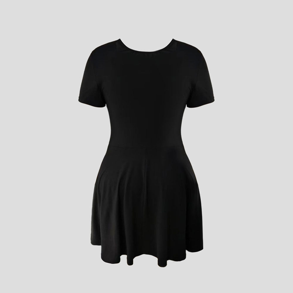 Pleated Tie-Up V-Neck Short-Sleeve A-Line Mini Dress