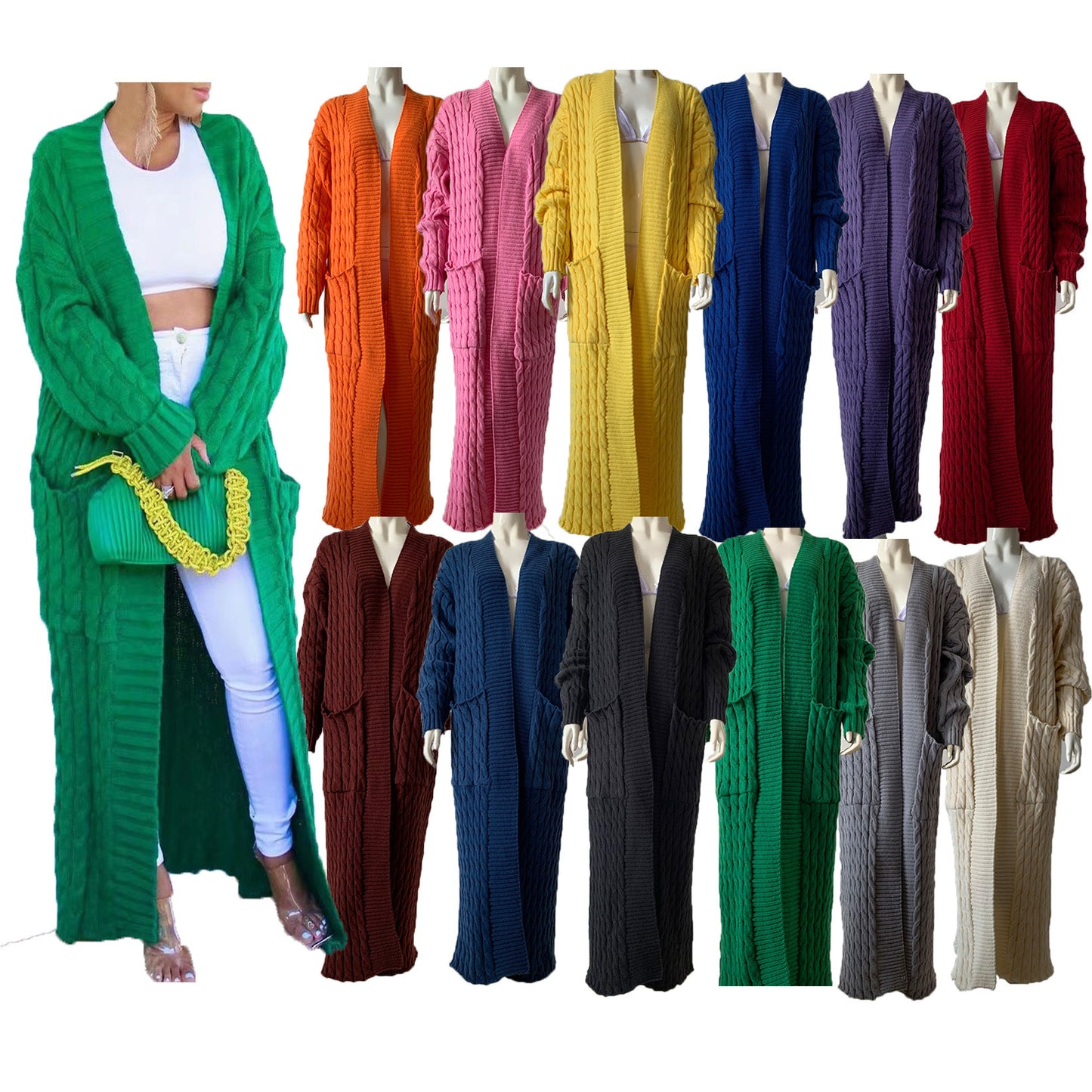 Cardigan long en tricot avec poche, pull long, manteau épais, européen et américain