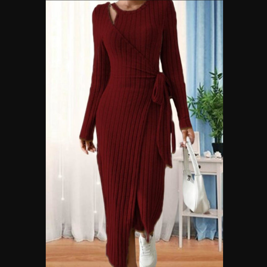 Robe rayée à col rond et manches longues pour femme avec nœud étroit