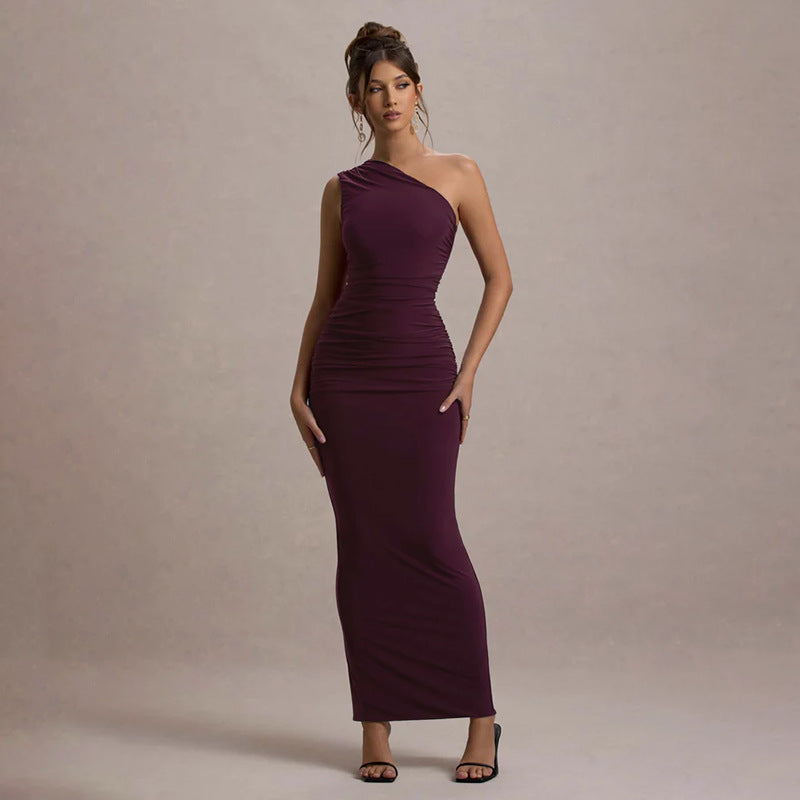 New Solid-color Ruched Off-shoulder Elegant Dress