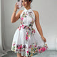 Women's Casual Printed Waist-Cinching Halter-Neck Lace-Up Dress