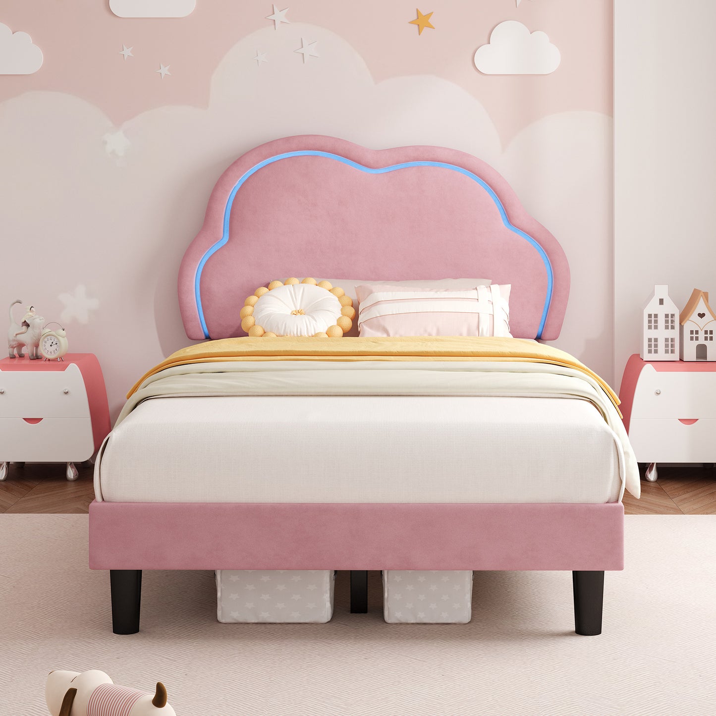 3ft Single Upholstered Bed With LED Adjustable Cute Cloud Headboard, Soft Velvet Bed Frame With Solid Wood Slat, No Box Spring Needed, Easy Assembly,