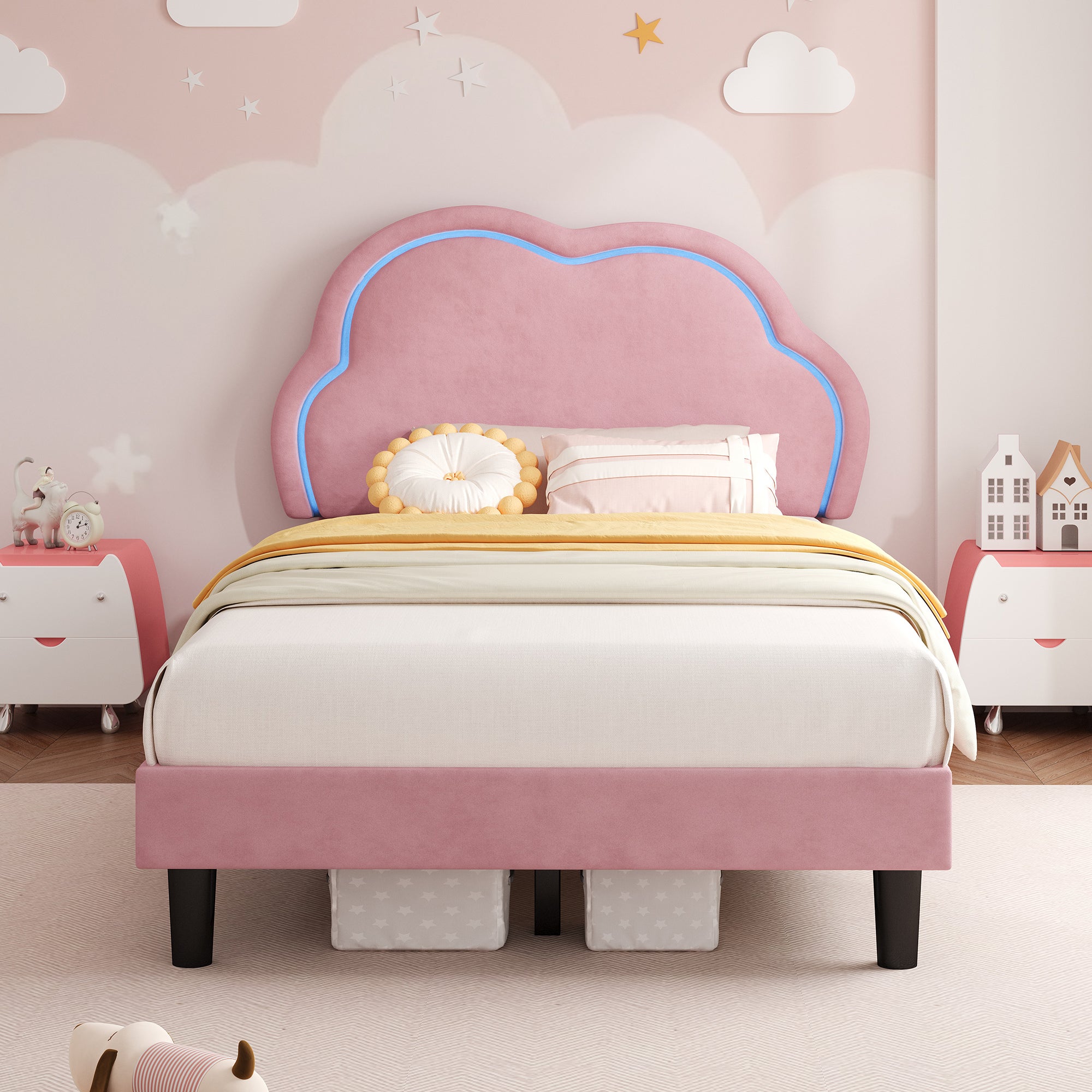 3ft Single Upholstered Bed With LED Adjustable Cute Cloud Headboard, Soft Velvet Bed Frame With Solid Wood Slat, No Box Spring Needed, Easy Assembly,