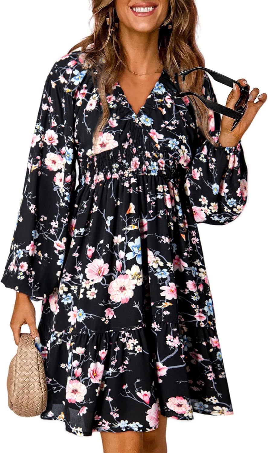 Floral V-neck Long Sleeve Pleated Elastic Waist Dress