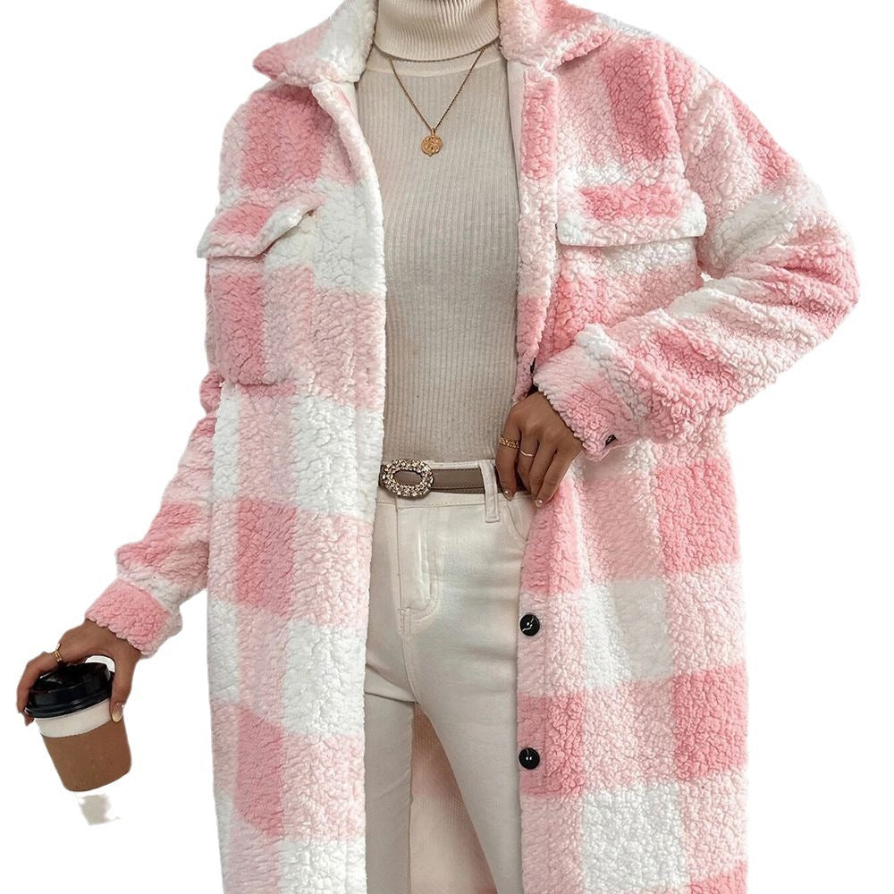 Women's Fashion Polo Collar Plush Plaid Coat