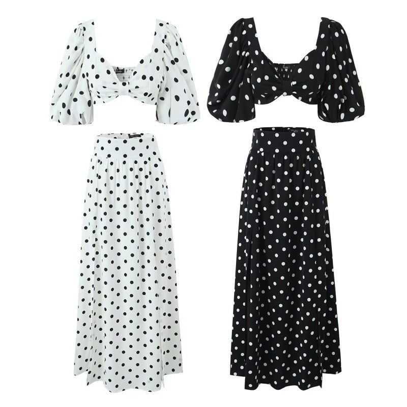 Seaside Vacation Polka Dot Split Top Mid-length Dress Set