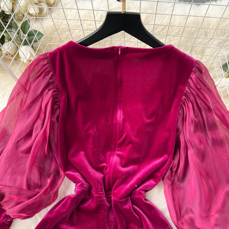 Robe en velours vintage haut de gamme abordable de luxe, niche, manches lanternes, slim, mi-longue, fendue, longueur genou, style tribunal