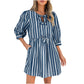 Comfort Lace-up Bow Three-quarter Sleeve Striped Dress