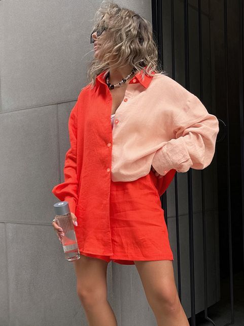 Ensemble chemise et short à manches longues et couleur contrastée pour femme
