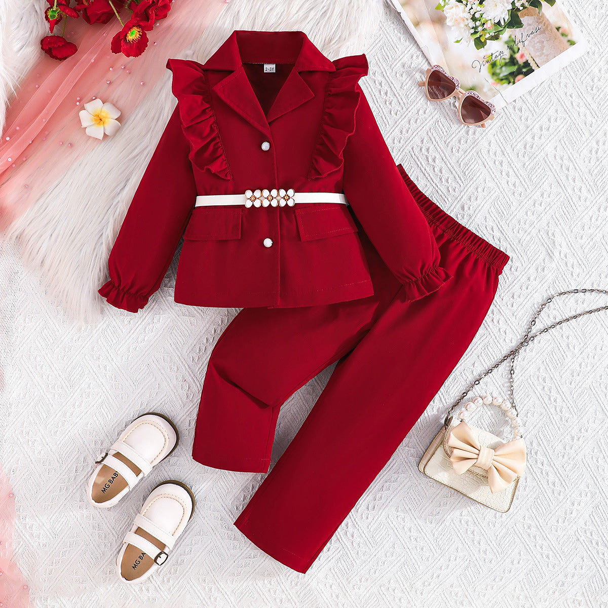 Girls' Long-sleeved White Belt Top Ruffled Blazer Trousers Three Pieces