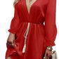 Solid Color Long Sleeve Lace V-neck Tight Waist Dress