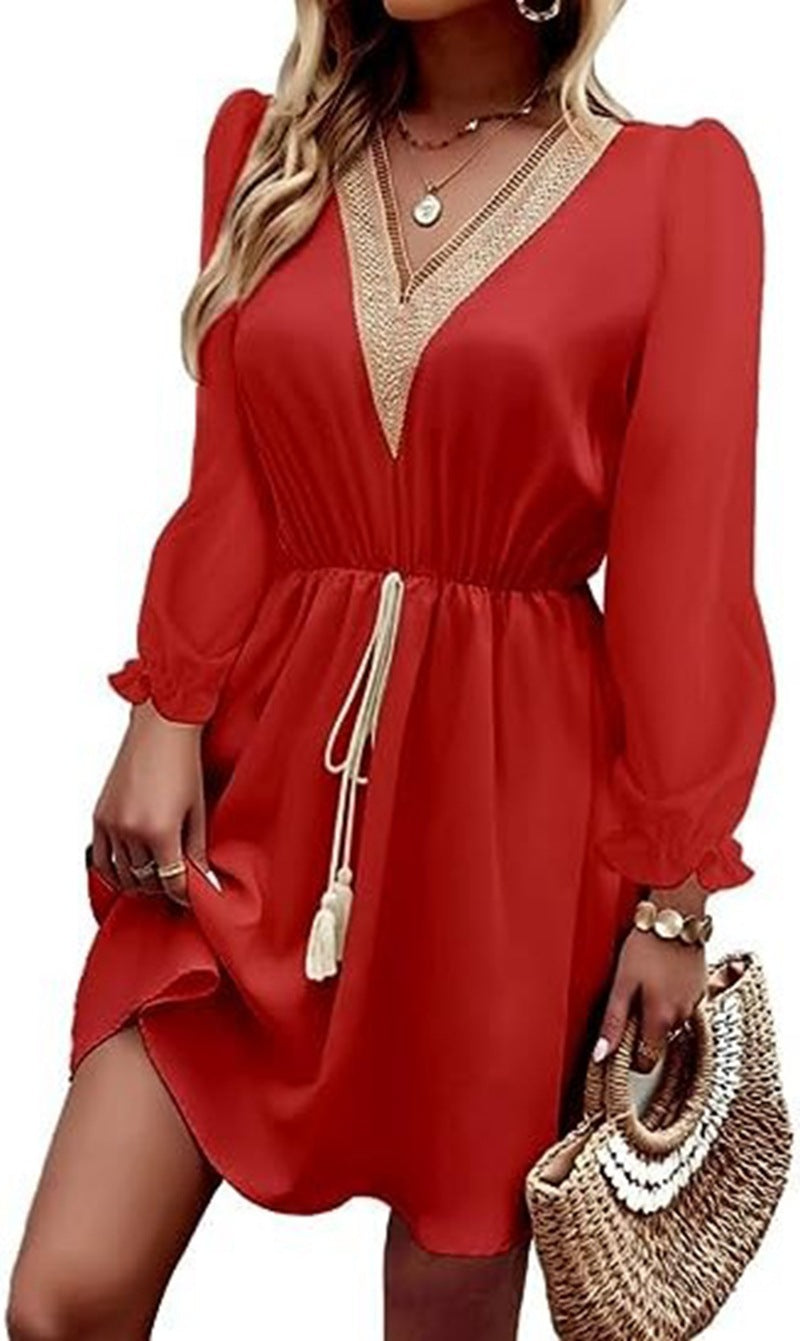 Solid Color Long Sleeve Lace V-neck Tight Waist Dress