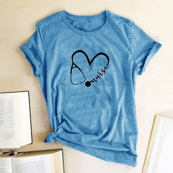 T-shirt décontracté à col rond et manches courtes pour femme, motif cœur d'infirmière, grande taille