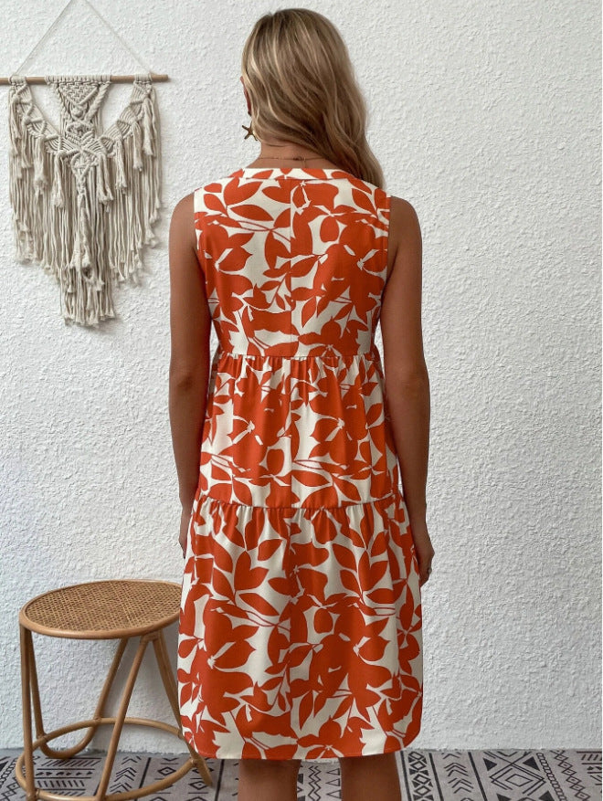 Robe bohème d'été à imprimé plissé et col en V, sans manches, pour femme