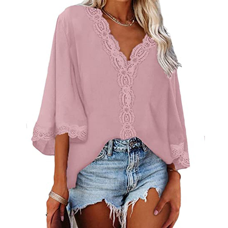 Ladies Bell Sleeve V Neck Lace Shirt
